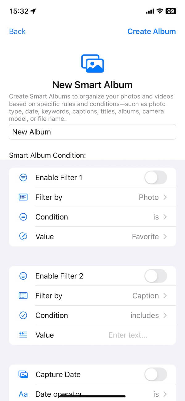 smart album options on iPhone
