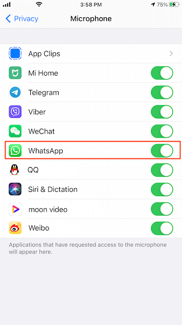 allow whatsapp use microphone on iPHone