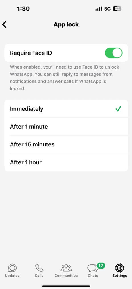Disable Face ID App Lock in WhatsApp