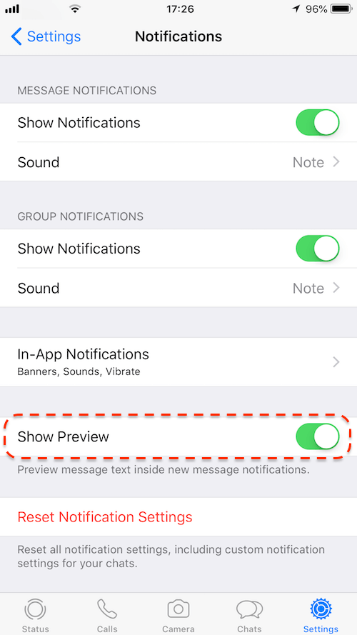 disable Whatsapp Notification Message preview for iOS