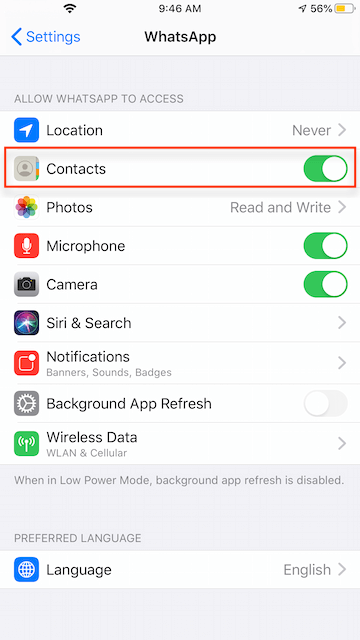 Allow WhatsApp access iPhone Contacts